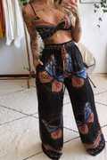 Boho Floral & Butterfly Print Crop Top & Wide-Leg Pants Set