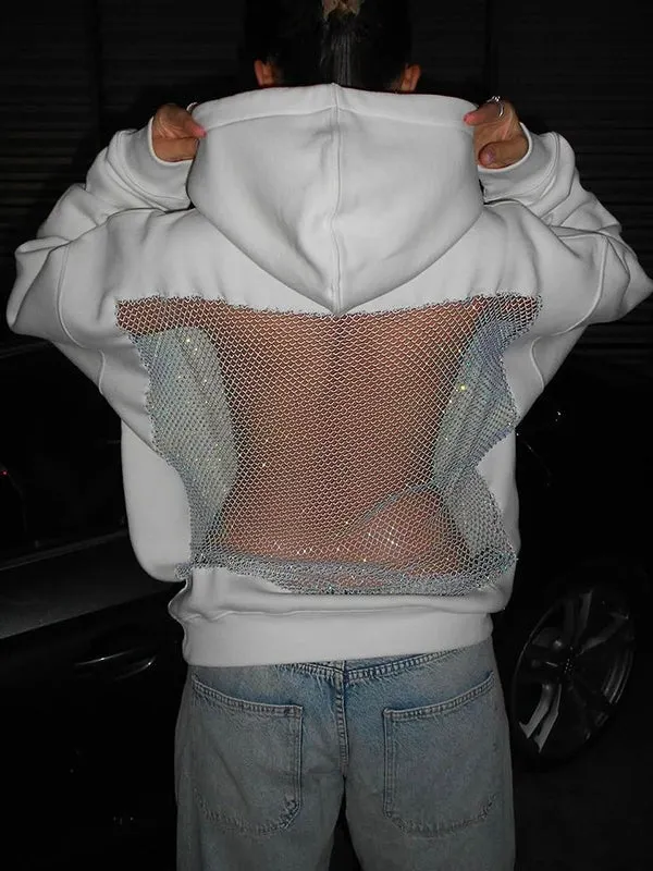 Rhinestone Mesh Cut-Out Back Oversized Hoodie