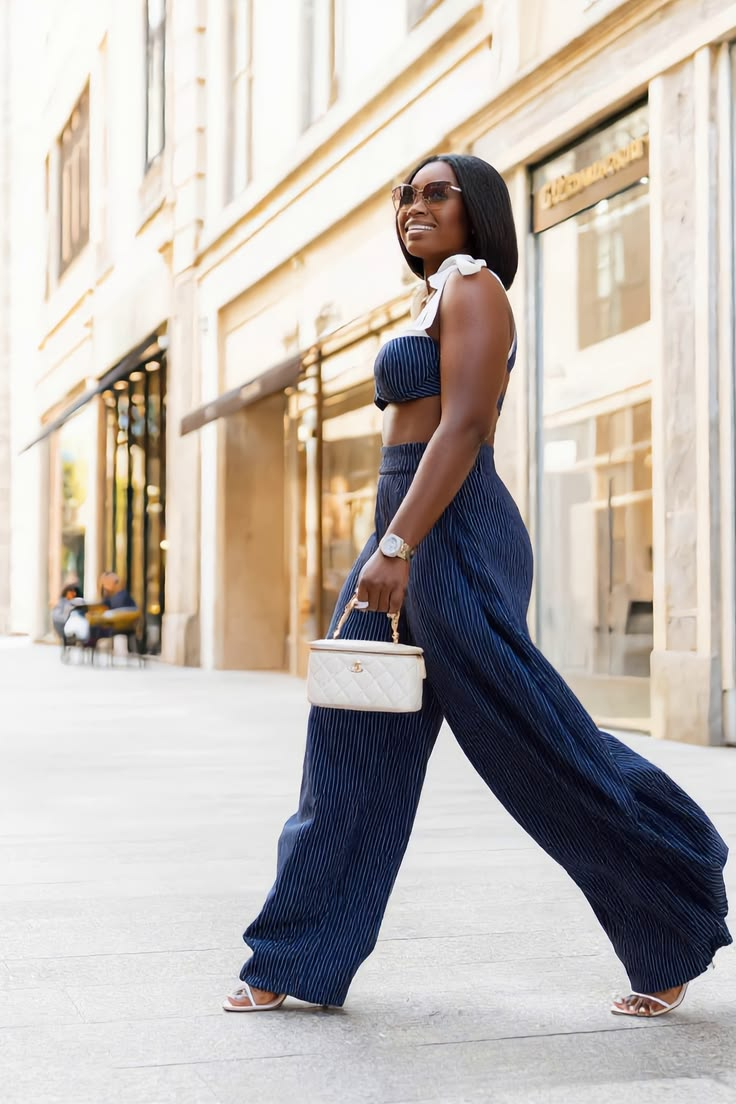 Navy Blue Striped Bow Tie Crop Top & Wide Leg Pants Two Piece Set