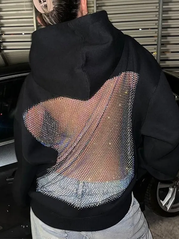 Rhinestone Mesh Cut-Out Back Oversized Hoodie
