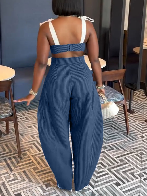 Navy Blue Striped Bow Tie Crop Top & Wide Leg Pants Two Piece Set