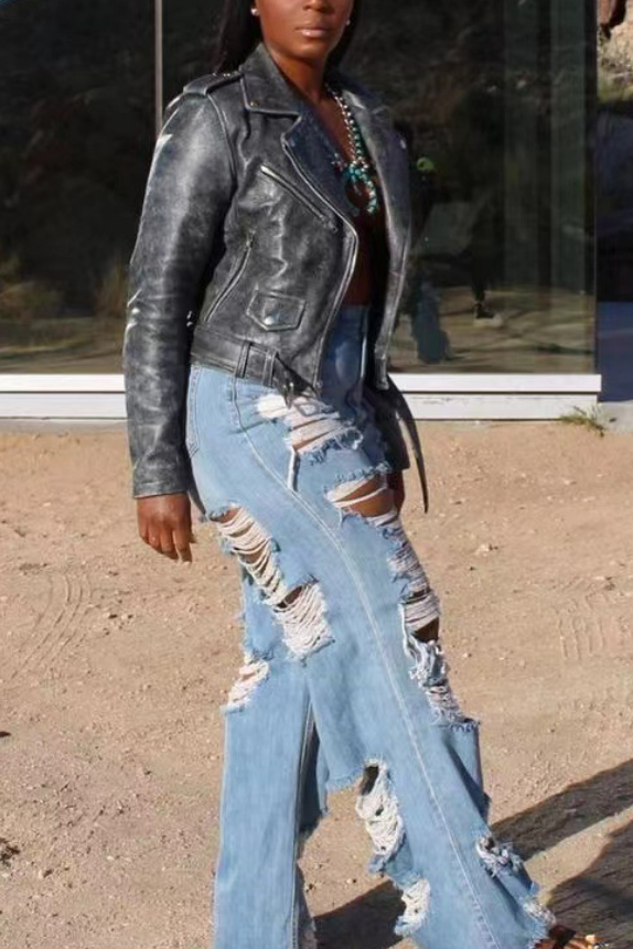 High-Waist Distressed Wide-Leg Jeans