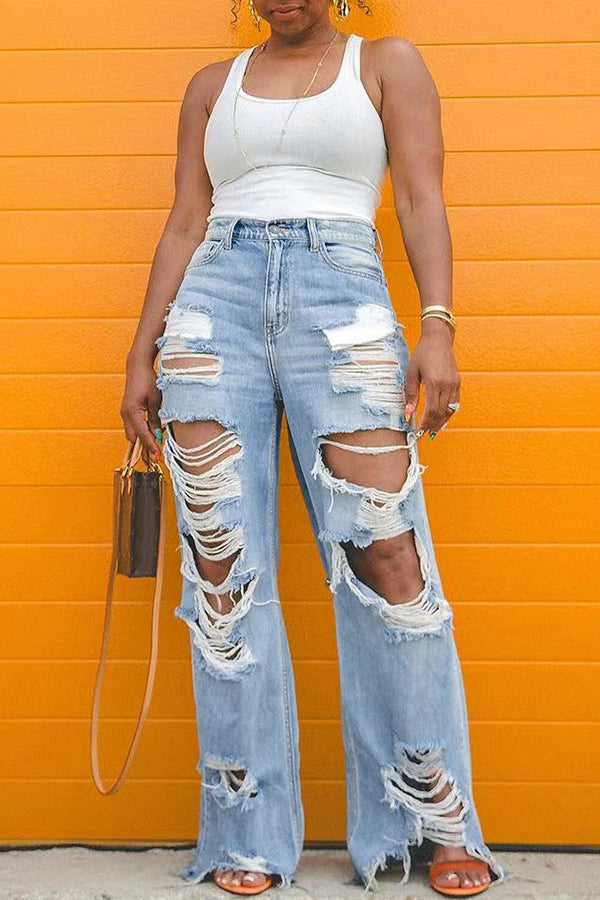 High-Waist Distressed Wide-Leg Jeans