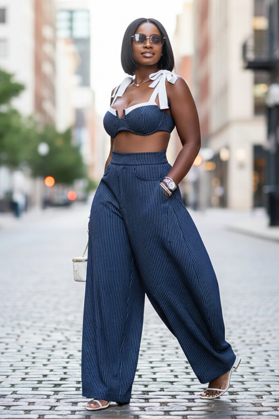 Navy Blue Striped Bow Tie Crop Top & Wide Leg Pants Two Piece Set