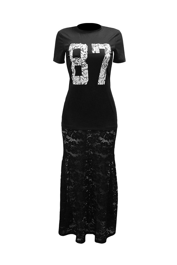 "87" Number Print Lace Hem Maxi Dress