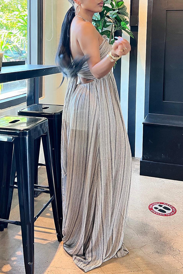 Striped Halter Backless Maxi Dress