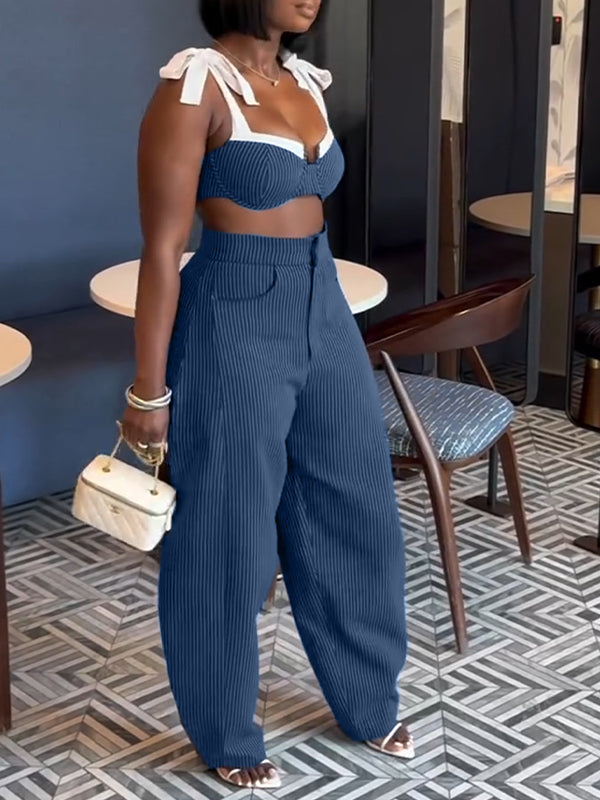 Navy Blue Striped Bow Tie Crop Top & Wide Leg Pants Two Piece Set