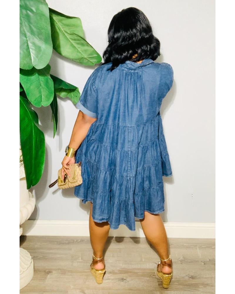 Women's Denim Tiered Button-Down Babydoll Mini Dress