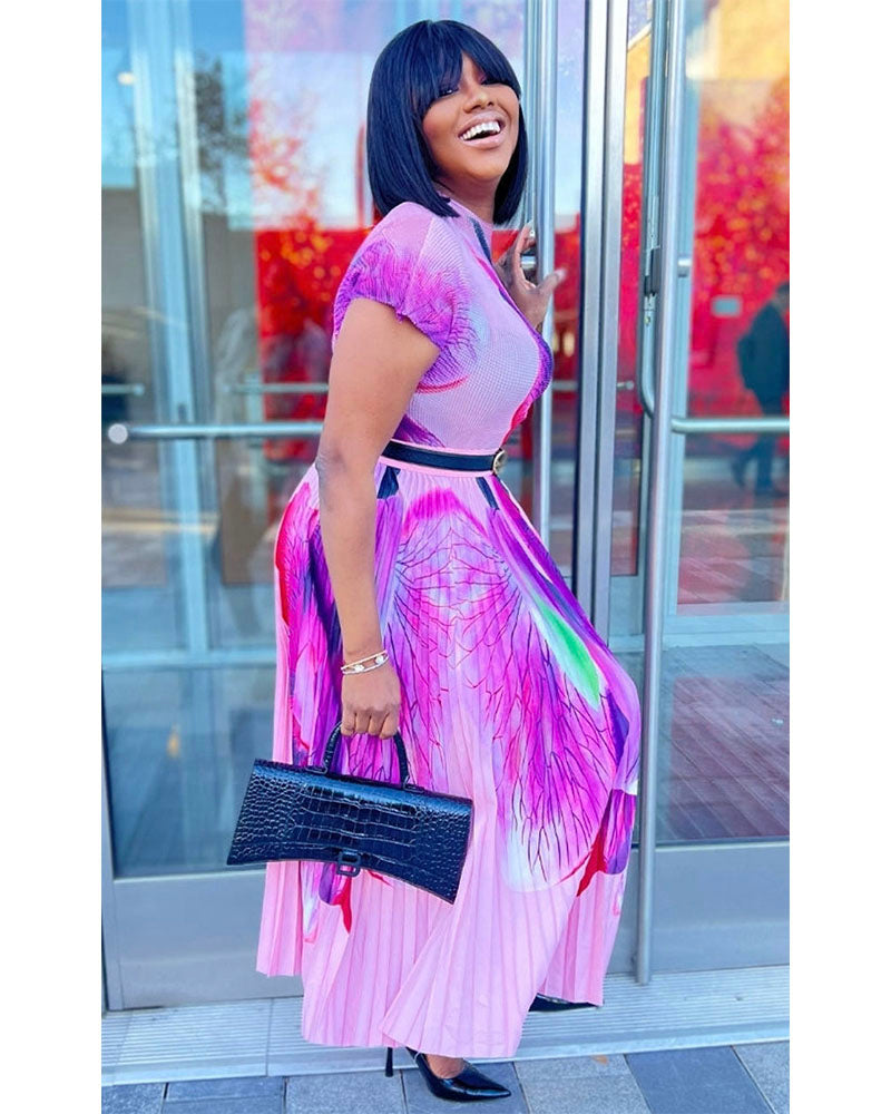 Colorful Abstract Print Short Sleeve Pleated Midi Dress