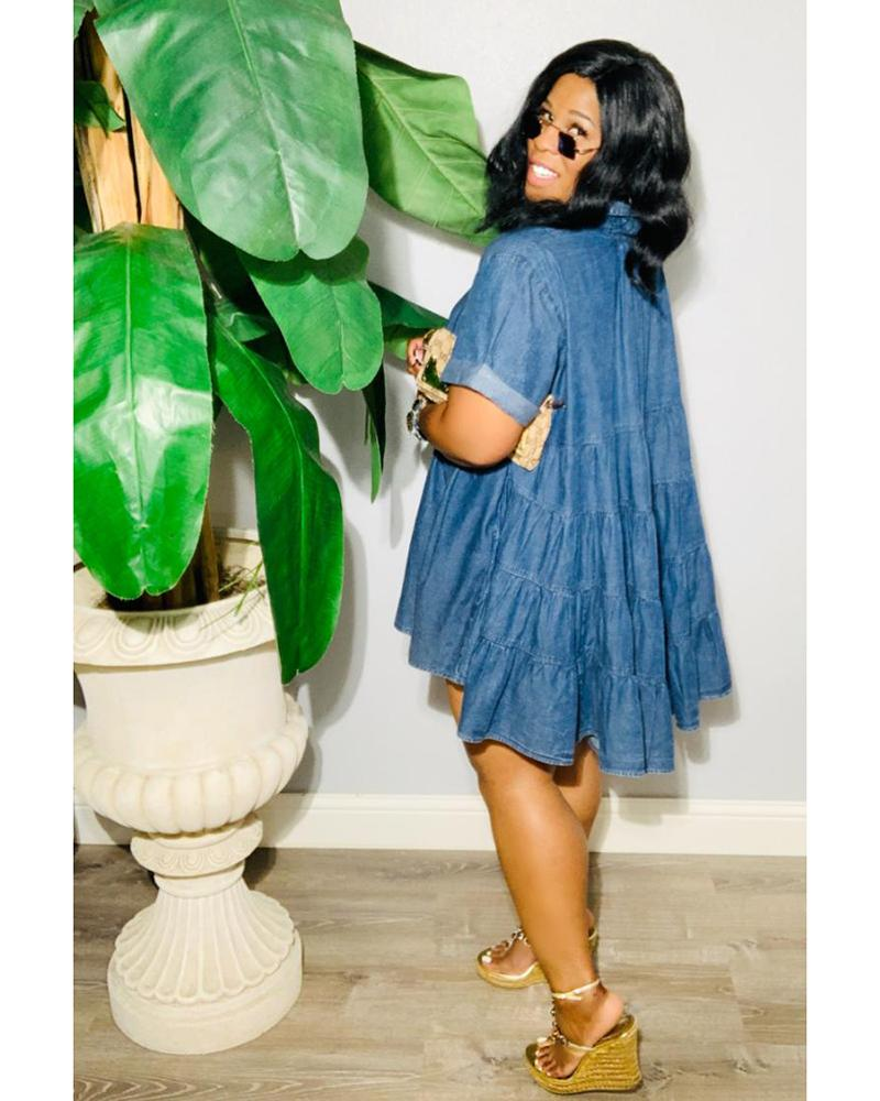 Women's Denim Tiered Button-Down Babydoll Mini Dress