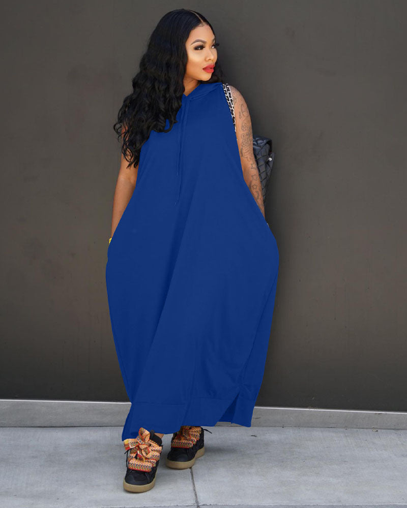 Oversized Sleeveless Hoodie Maxi Dress with Pockets