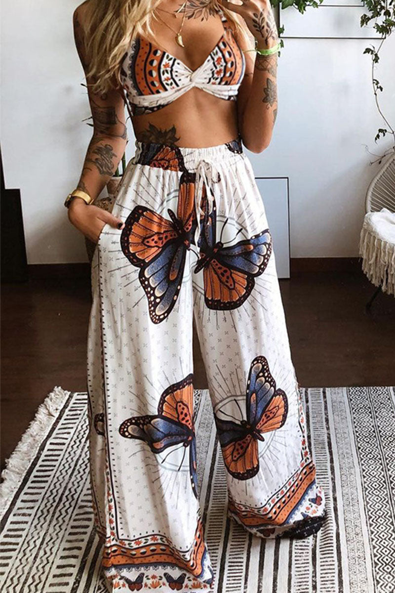 Boho Floral & Butterfly Print Crop Top & Wide-Leg Pants Set