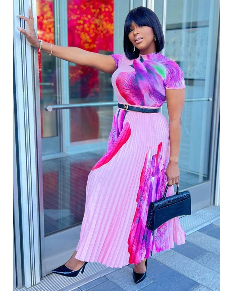 Colorful Abstract Print Short Sleeve Pleated Midi Dress
