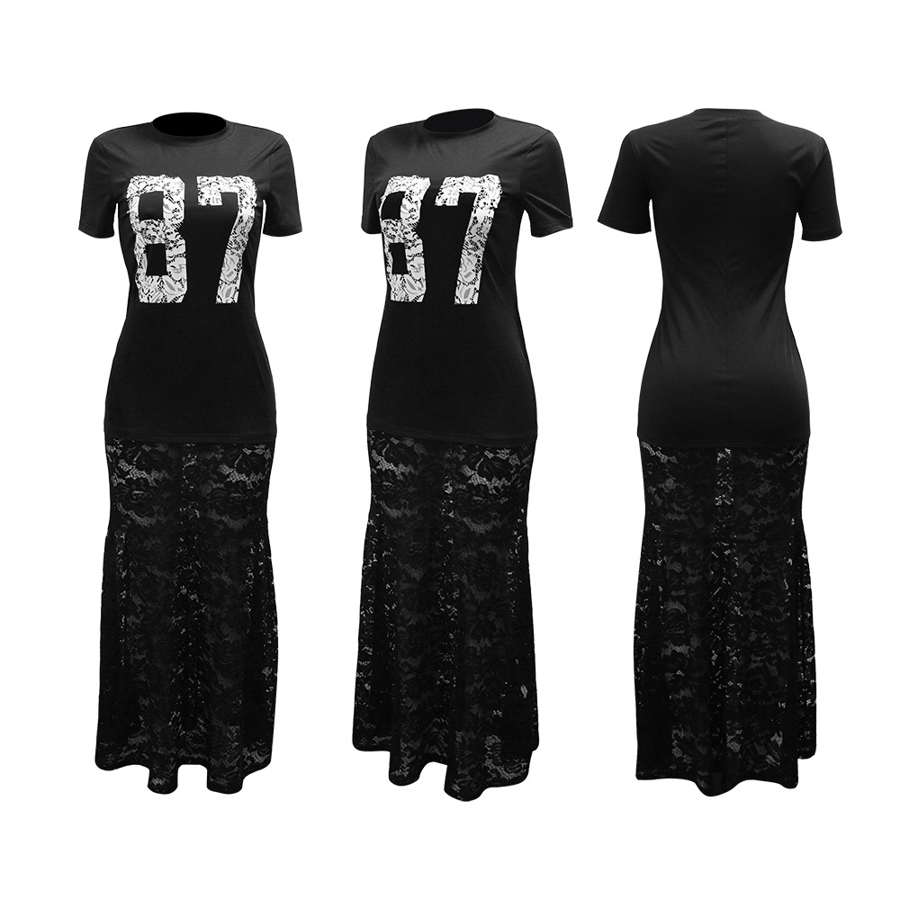 "87" Number Print Lace Hem Maxi Dress
