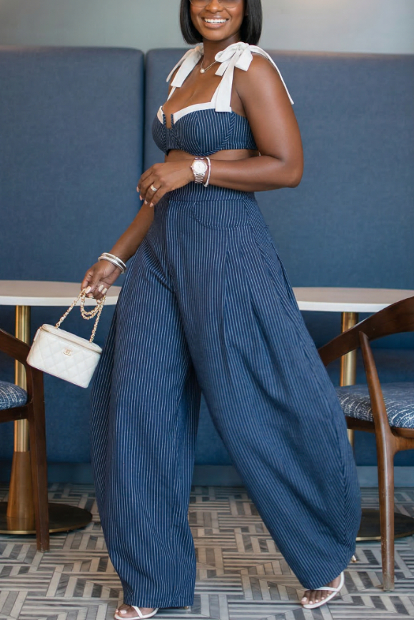 Navy Blue Striped Bow Tie Crop Top & Wide Leg Pants Two Piece Set