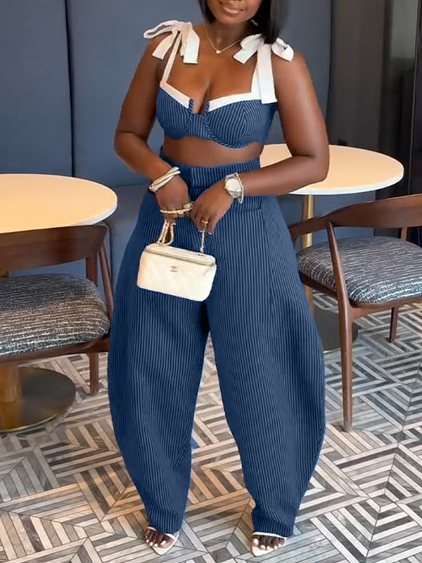Navy Blue Striped Bow Tie Crop Top & Wide Leg Pants Two Piece Set