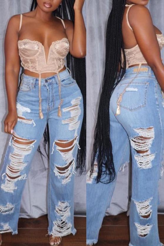 High-Waist Distressed Wide-Leg Jeans
