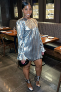 Sheen Metallic Finish Long Flare Sleeve Pleated Party Mini Dress