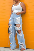 High-Waist Distressed Wide-Leg Jeans