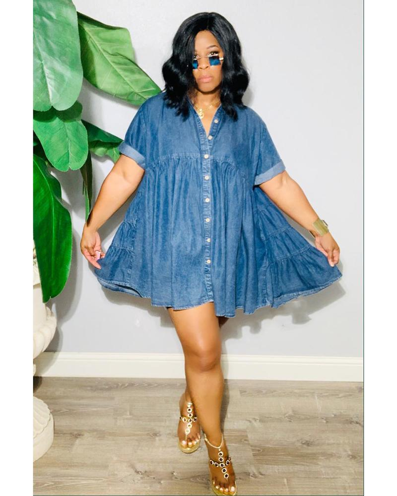 Women's Denim Tiered Button-Down Babydoll Mini Dress