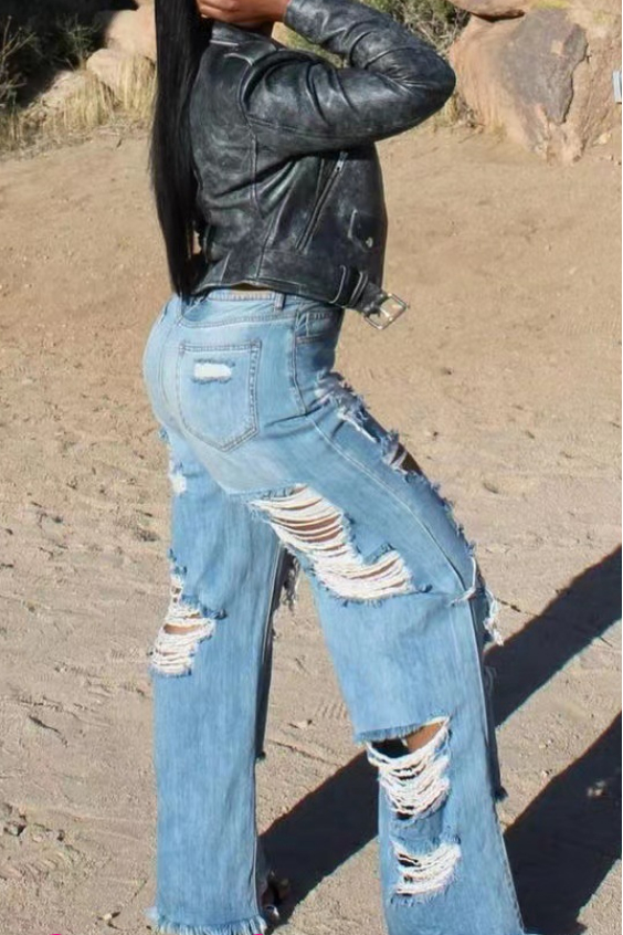 High-Waist Distressed Wide-Leg Jeans