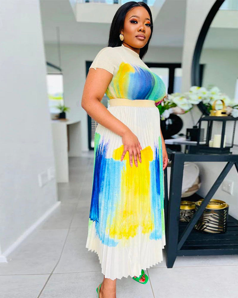 Colorful Abstract Print Short Sleeve Pleated Midi Dress