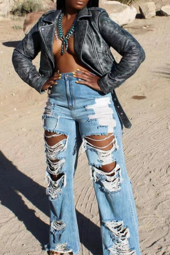 High-Waist Distressed Wide-Leg Jeans