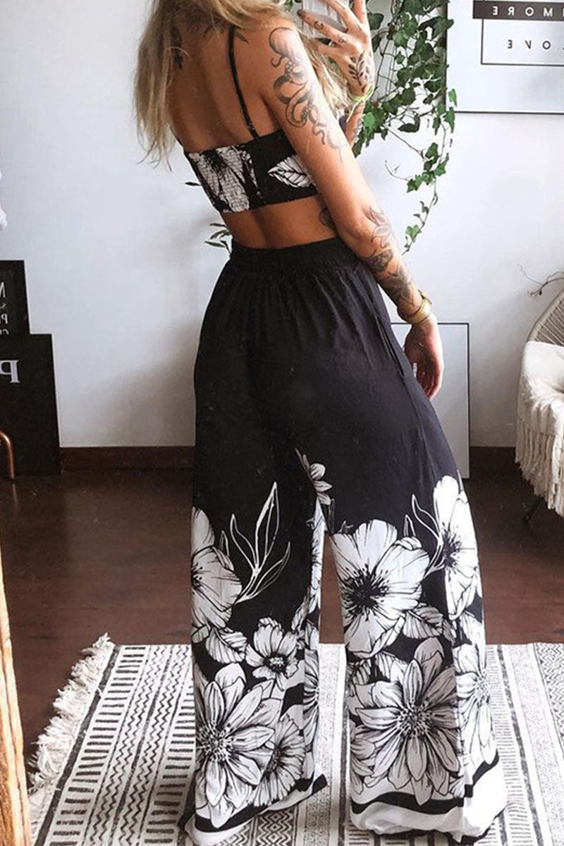 Boho Floral & Butterfly Print Crop Top & Wide-Leg Pants Set