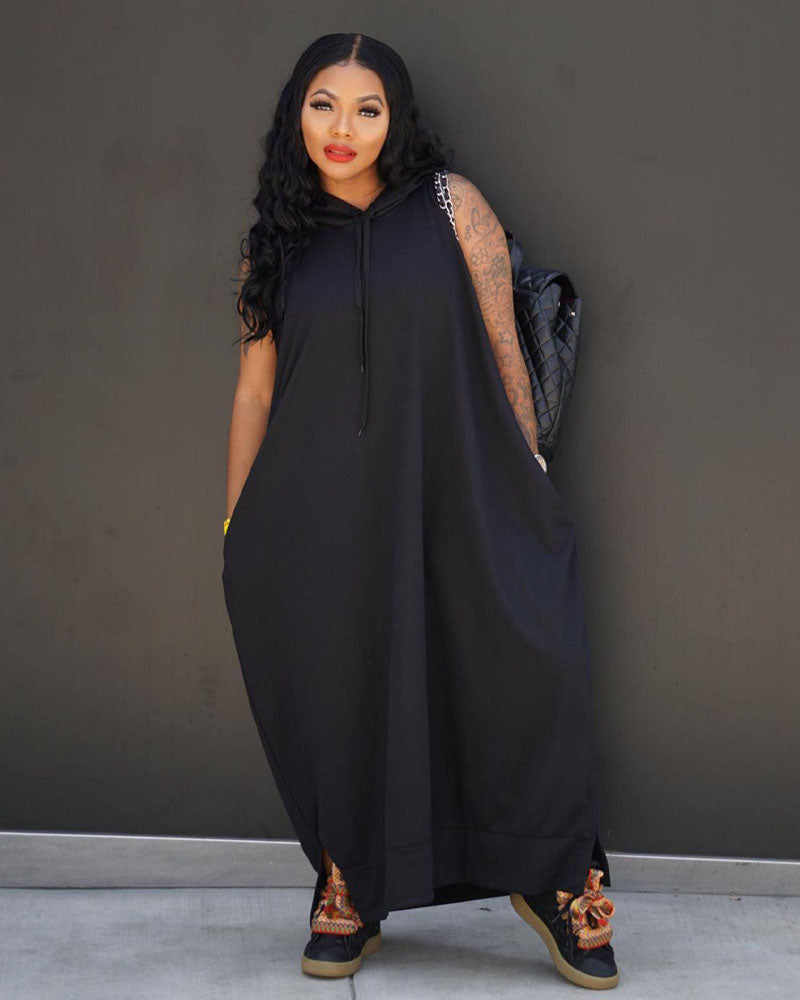 Oversized Sleeveless Hoodie Maxi Dress with Pockets