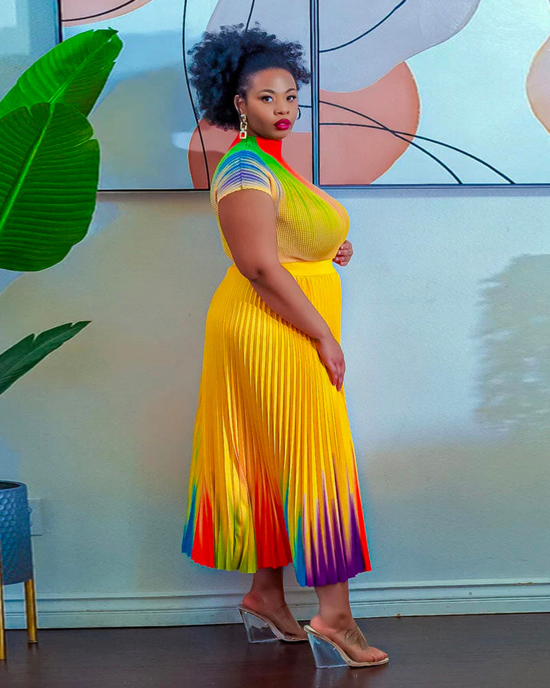 Colorful Abstract Print Short Sleeve Pleated Midi Dress