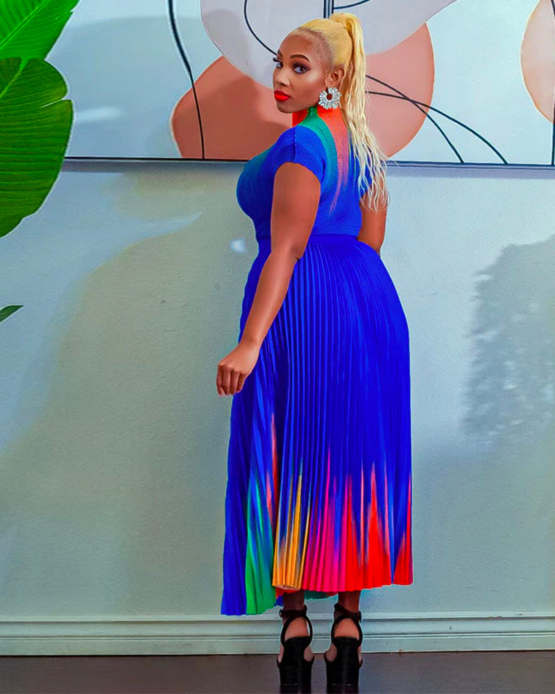 Colorful Abstract Print Short Sleeve Pleated Midi Dress