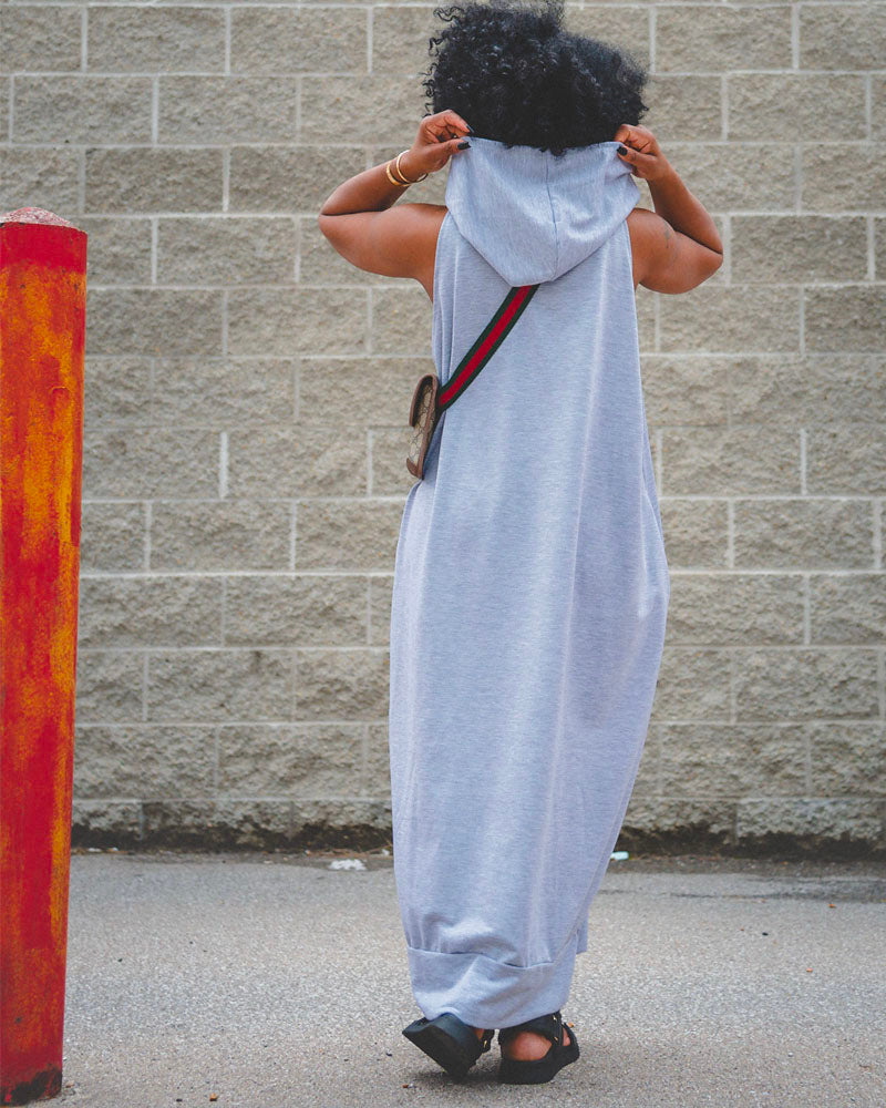 Oversized Sleeveless Hoodie Maxi Dress with Pockets