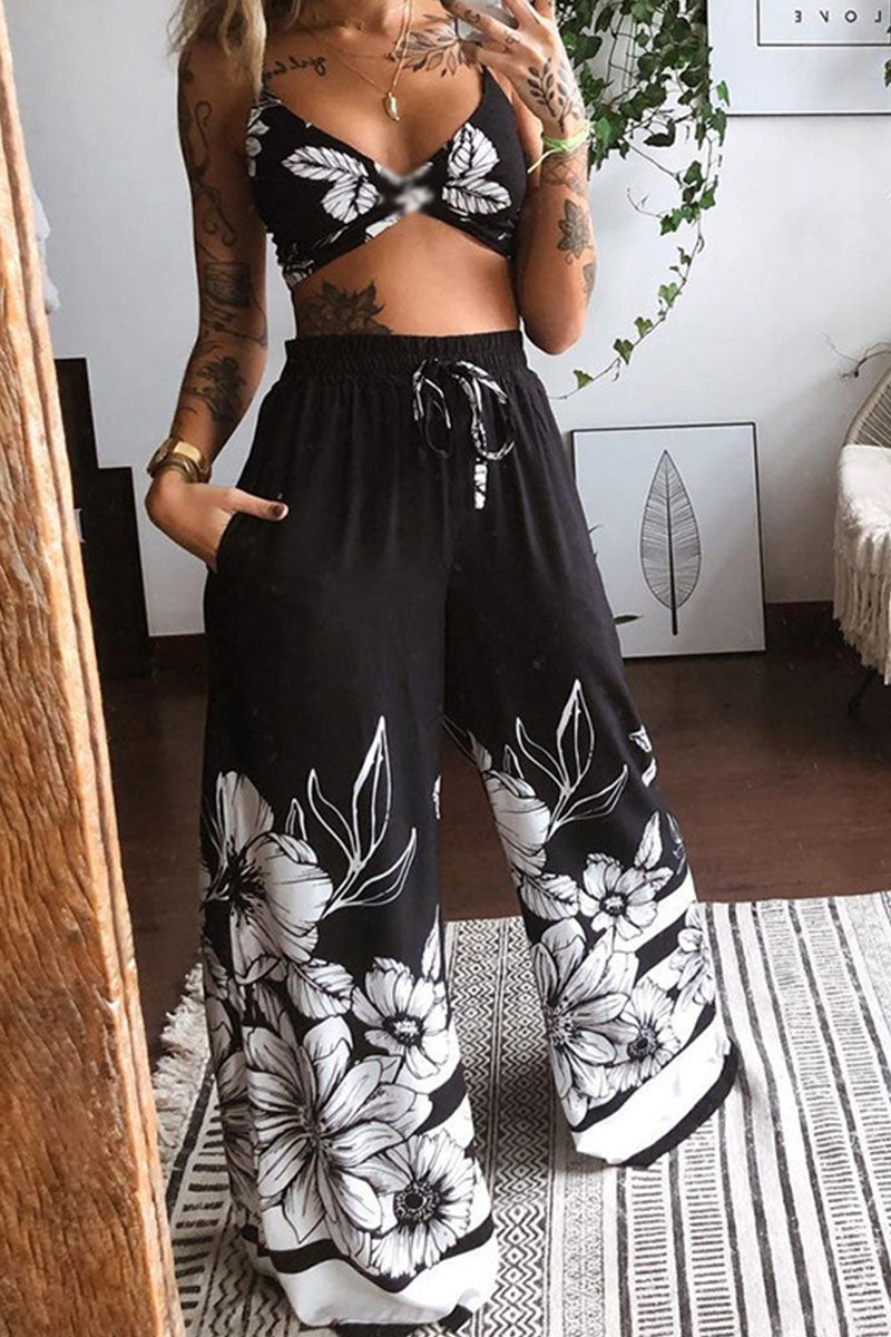 Boho Floral & Butterfly Print Crop Top & Wide-Leg Pants Set