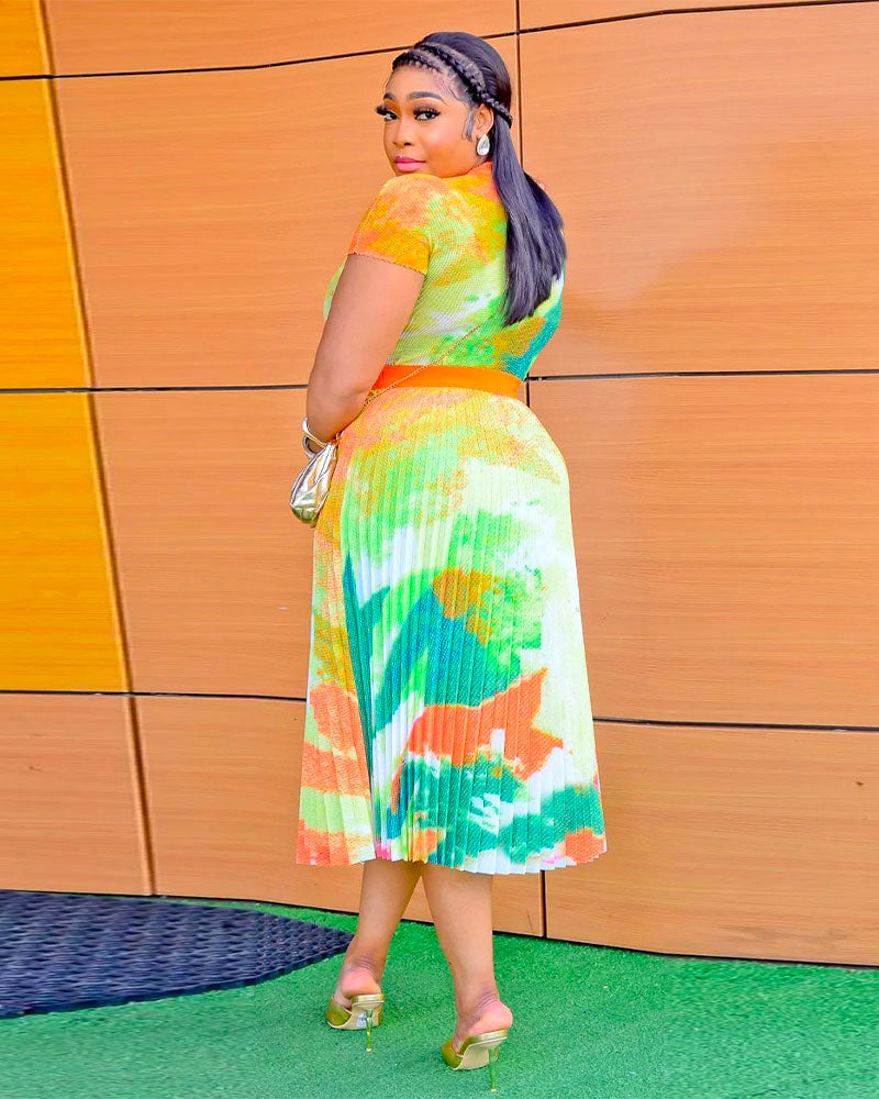 Colorful Abstract Print Short Sleeve Pleated Midi Dress