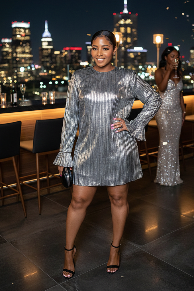 Sheen Metallic Finish Long Flare Sleeve Pleated Party Mini Dress